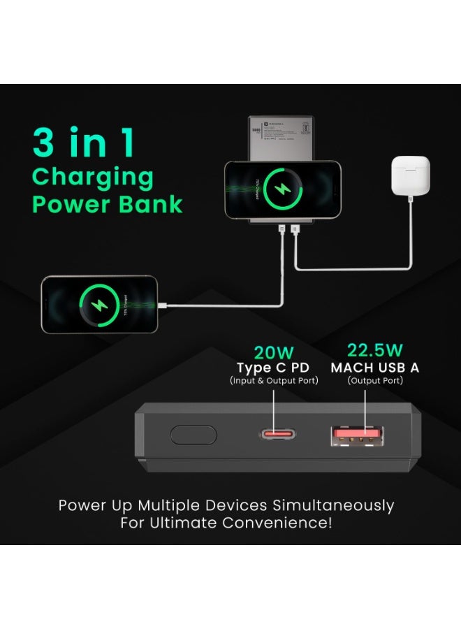 بورترونيكس Portronics Luxcell MagClick 10k 10000 mAh 15W Magnetic Wireless Fast Charging Power Bank Premium Finish, 22.5 Wired Output Compatible with iPhone 12 & Above,Type C Smartphones,Tablets(Dark Grey) - Image 2